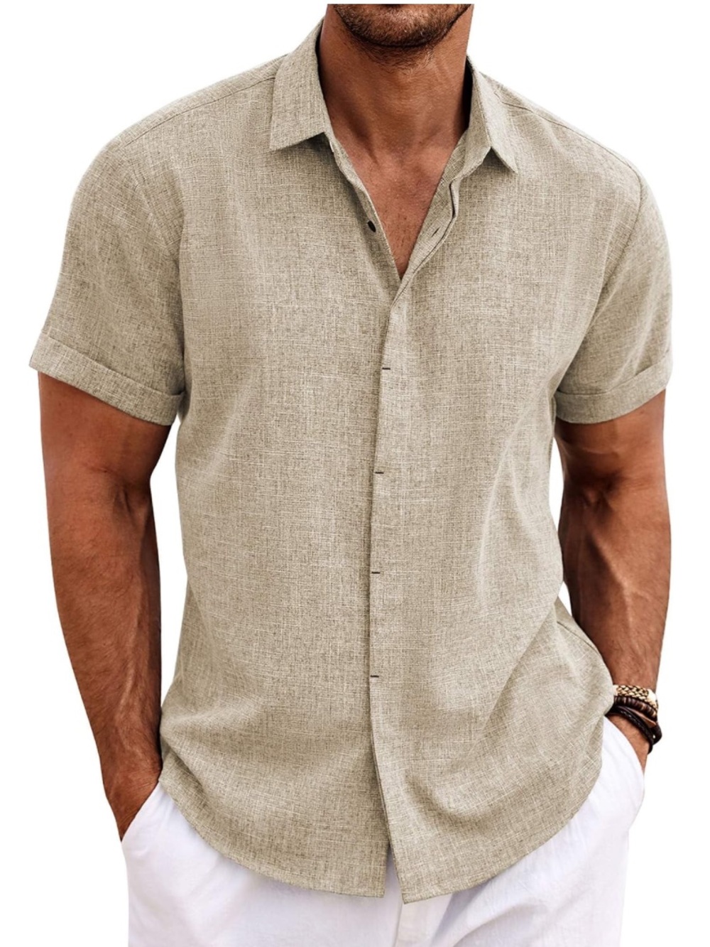 Men's COOFANDY Beige Short Sleeve Linen-Blend Shirt 2XL